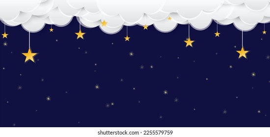 Night sky landscape with blue backdrop, clouds and stars. good night sweet dreams card. Vector illustration.