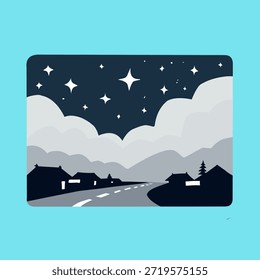 Paisaje del cielo nocturno en estilo plano para el tema del silencio de Nyepi. Ideal para fondos pacíficos, imágenes espirituales, carteles culturales y diseño editorial.