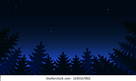 Night sky landscape. Forest at night and star on sky. Vector illustration.