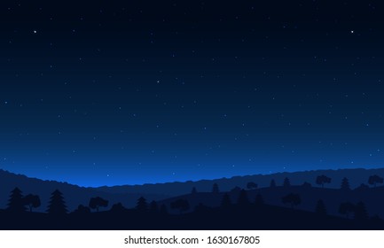 Night sky landscape. Forest at night and star on sky. Vector illustration.