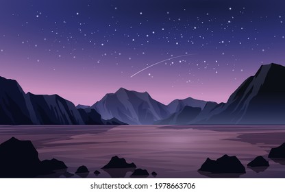 Night sky landscape illustration with lake and hills