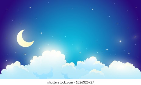 Night sky landscape. Moon, clouds and stars. Cartoon style