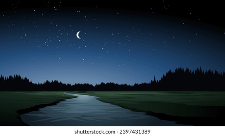 Night sky landscape with moon and stars
