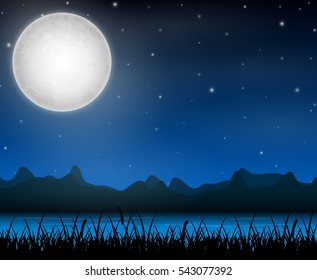 Night sky landscape with mountains and river on the full moon