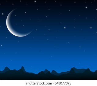 Night sky landscape with silhouette mountains and stars on the crescent moon