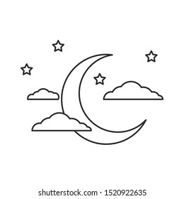 Night sky line illustration. Moon, starts and clouds. 