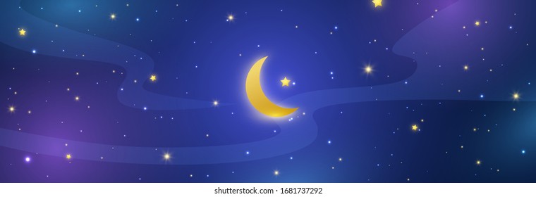 Night sky long banner. Half moon and stars in midnight. Blue shining space universe. Ramadan Kareem festival background. Starry space wallpaper. Vector illustration