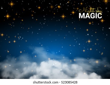 Night Sky Magic Cloud. Holiday Shining Motion Design Card. Infinity Blue Background And Shining Stars. Vector Illustration Abstract Background