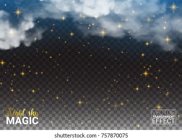 Night Sky Magic Stars And Cloud. Design Shining Environment Space. Vector Illustration Abstract Transparent Background