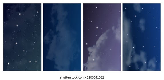 Night sky with many stars. Set of four abstract nature backgrounds with stardust in deep universe. Vector illustration