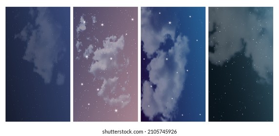 Night sky with many stars. Set of four abstract nature backgrounds with stardust in deep universe. Vector illustration