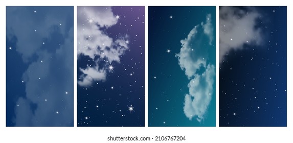 Night sky with many stars. Set of four abstract nature backgrounds with stardust in deep universe. Vector illustration