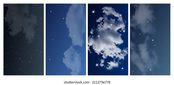 Night sky with many stars. Set of four abstract nature backgrounds with stardust in deep universe. Vector illustration