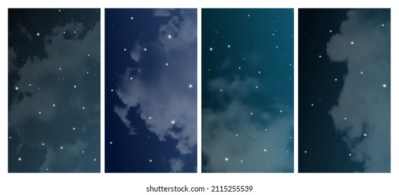 Night sky with many stars. Set of four abstract nature backgrounds with stardust in deep universe. Vector illustration