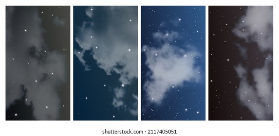 Night sky with many stars. Set of four abstract nature backgrounds with stardust in deep universe. Vector illustration