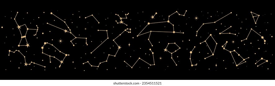 Night sky map, star constellation border. Mystic astrology. Vector detailed chart displaying positions of celestial objects visible in night sky. Pattern for astronomy, esoteric, tarot, and magic