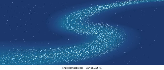 Night sky with Milky Way, little white stars on blue background. Flat vector illustration. Abstract geometric design. Starry sky, space, cosmos, galaxy, universe backdrop, wallpaper