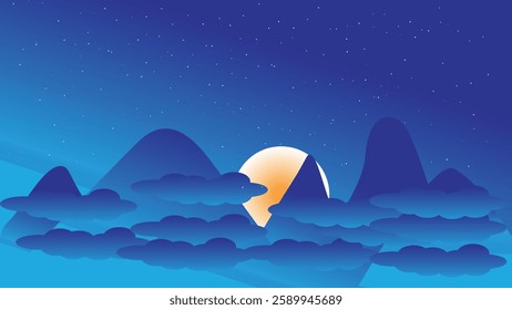 Night sky moon behind blue clouds and mountains illustration 