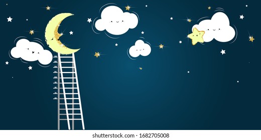Night sky with moon. clouds, gold stars and ladder with growth meter. Wallpaper for kids room.