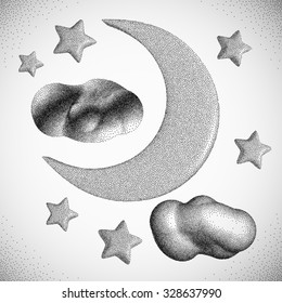 Night Sky. Moon with Clouds. Halftone style. Vintage Hand drawn Vector Illustration.