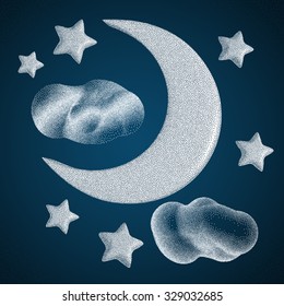 Night Sky. Moon with Clouds. Halftone style. Vintage Hand drawn Vector Illustration.