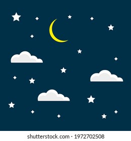 Night sky with moon, clouds and stars background. Vector illustration