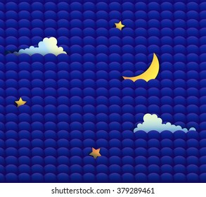 night sky with moon, clouds and stars kid`s design, night pattern or background, vector