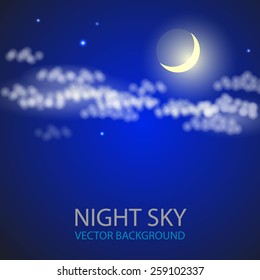 Night sky with moon and clouds. Vector illustration.