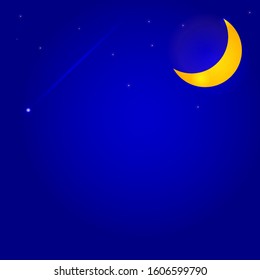 Night sky, moon and comet. A comet flies in the sky, or an airplane with an inversion trail. Vector art. Constellations in the night sky. Astronomical background.