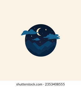 night sky with moon and mountains illustration