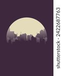 Night sky and moon over city silhouette cityscape illustration. Modern boho background with moonrise