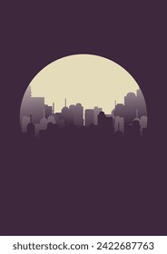 Night sky and moon over city silhouette cityscape illustration. Modern boho background with moonrise