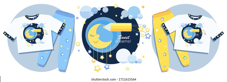 Night sky. Moon, pencil. Sweet dreams. Emblem. Set. Design for pajamas, t-shirts, children's textiles. Kit for girls and boys. Evening tale. Night story. Sleeping month, stars, clouds. Vector 