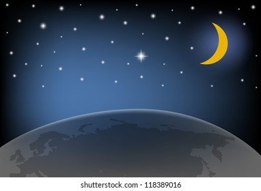 Night Sky with Moon, and shining Stars. Vector illustration.