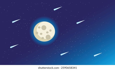 Night sky with moon and shooting stars.