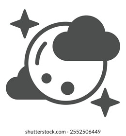 Night sky moon solid icon, halloween concept. Vector graphics. Clouds with moon sign on white background, glyph style icon for mobile or web design