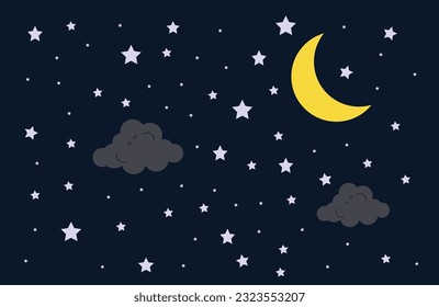 
Night Sky Moon star and clouds background for wallpaper, Night sky with moonlight and stars, Relaxation concept, Muslim religion eid mubarak landscape Abstract Vector background
