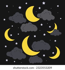 
Night Sky Moon star and clouds background for wallpaper, Night sky with moonlight and stars, Relaxation concept, Muslim religion eid mubarak landscape Abstract Vector background
