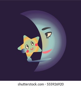 Night sky. Moon and Star. Mom lulls baby. Object in flat cartoon style. Vector illustration