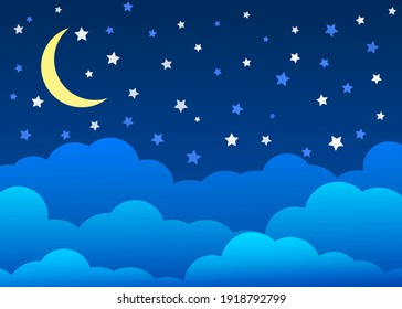 Night Sky With Moon And Stars Background. Vector Illustration