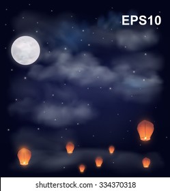 Night sky with the moon, stars and chinese wish lanterns. Vector illustration