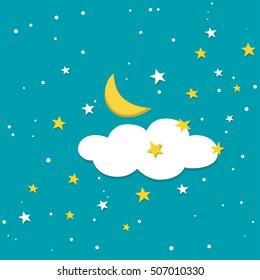 Night sky with moon, stars and cloud in fairy tale style. Scattering of white and yellow stars.