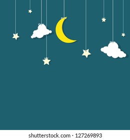 the night sky. moon, the stars and the clouds hanging on threads