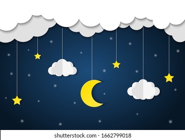 night sky. moon, stars and clouds in midnight. paper art style. vector Illustration.