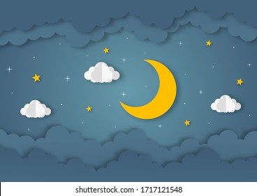 night sky. moon, stars and clouds in midnight. paper art style. vector Illustration.