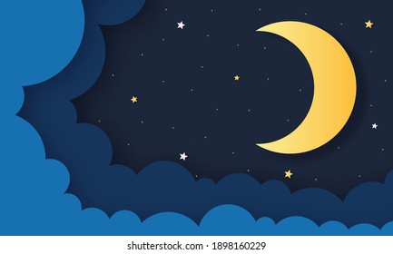 night sky. moon, stars and clouds in midnight. paper art style. vector Illustration.	
