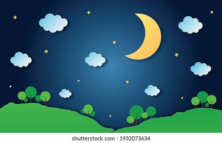 night sky. moon, stars and clouds in midnight. paper art style. vector illustration.