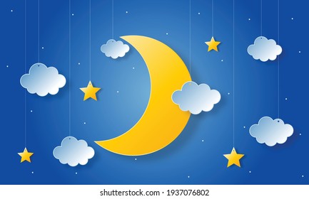 Night Sky. Moon, Stars And Clouds In Midnight. Paper Art Style. Vector Illustration.