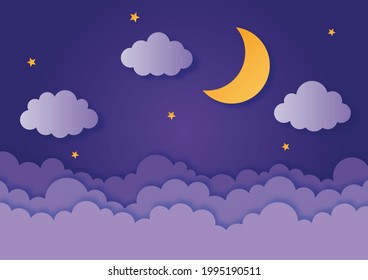 night sky. moon, stars and clouds in midnight. paper art style. vector Illustration.