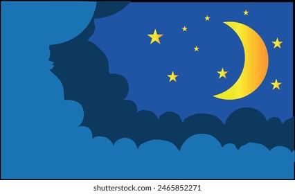 Night sky. moon, stars and clouds in midnight. paper art style.